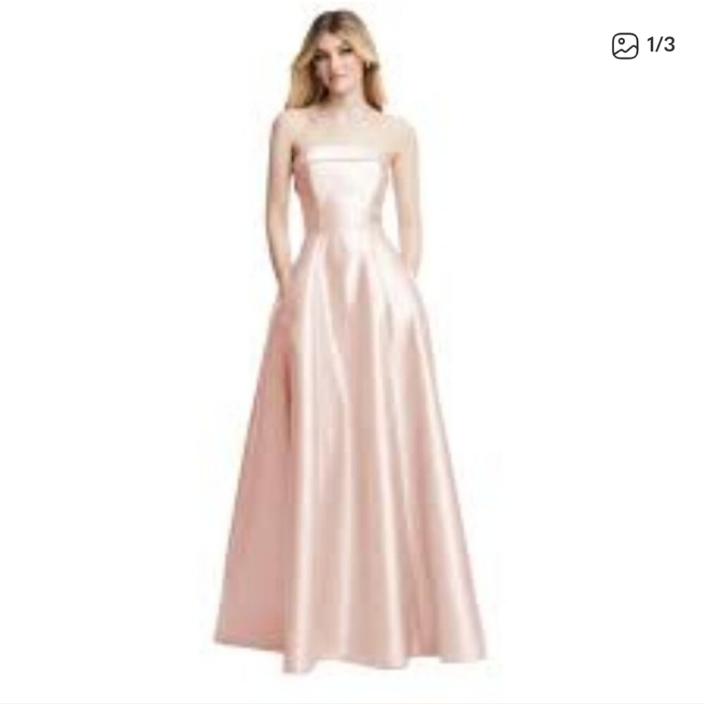 NWT ALFRED SUNG Pockets Pink Strapless Evening Gown Satin Princess Regency 16